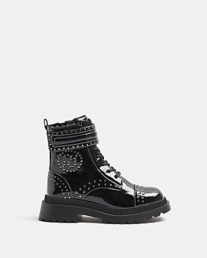 Girls Black Studded Lace Up patent Boots