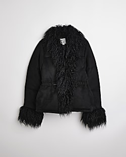 Girls Black Suedette Faux Fur Trim Coat