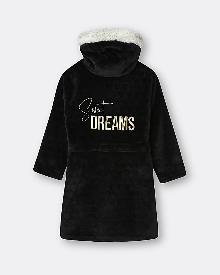 Girls black 'Sweet Dreams' cosy hooded robe