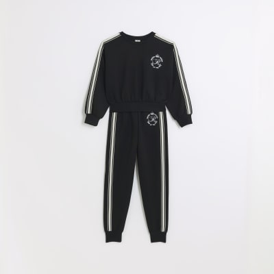 Girls Black Taped Sweatshirt and Joggers Set | River Island