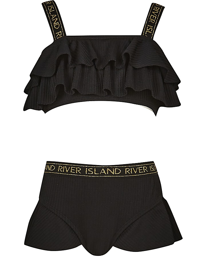 Girls black textured frill bikini set