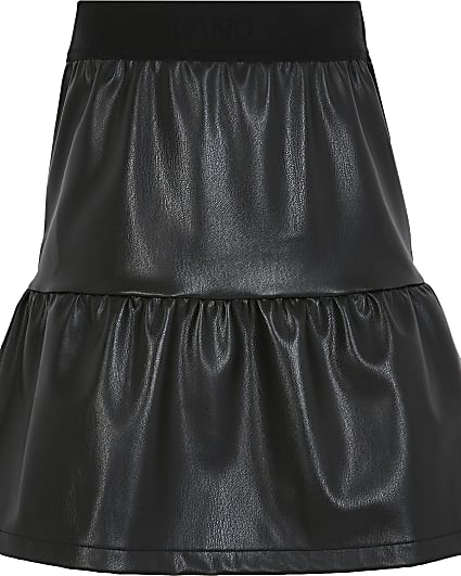 Girls black tiered faux leather mini skirt