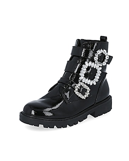 360 degree animation of product Girls black triple bling buckle ankle boots frame-0