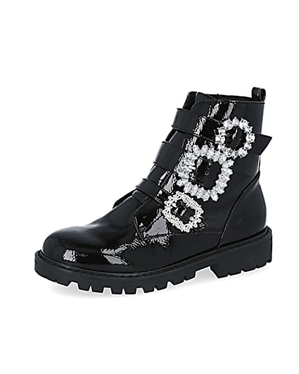 360 degree animation of product Girls black triple bling buckle ankle boots frame-1