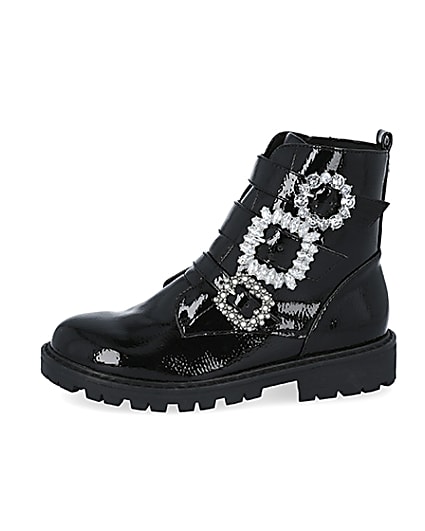 360 degree animation of product Girls black triple bling buckle ankle boots frame-2