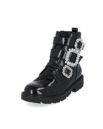 360 degree animation of product Girls black triple bling buckle ankle boots frame-23