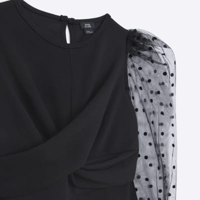 Girls black twisted spot sleeve jumpsuit