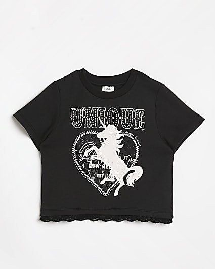 Girls black unicorn lace crop t-shirt