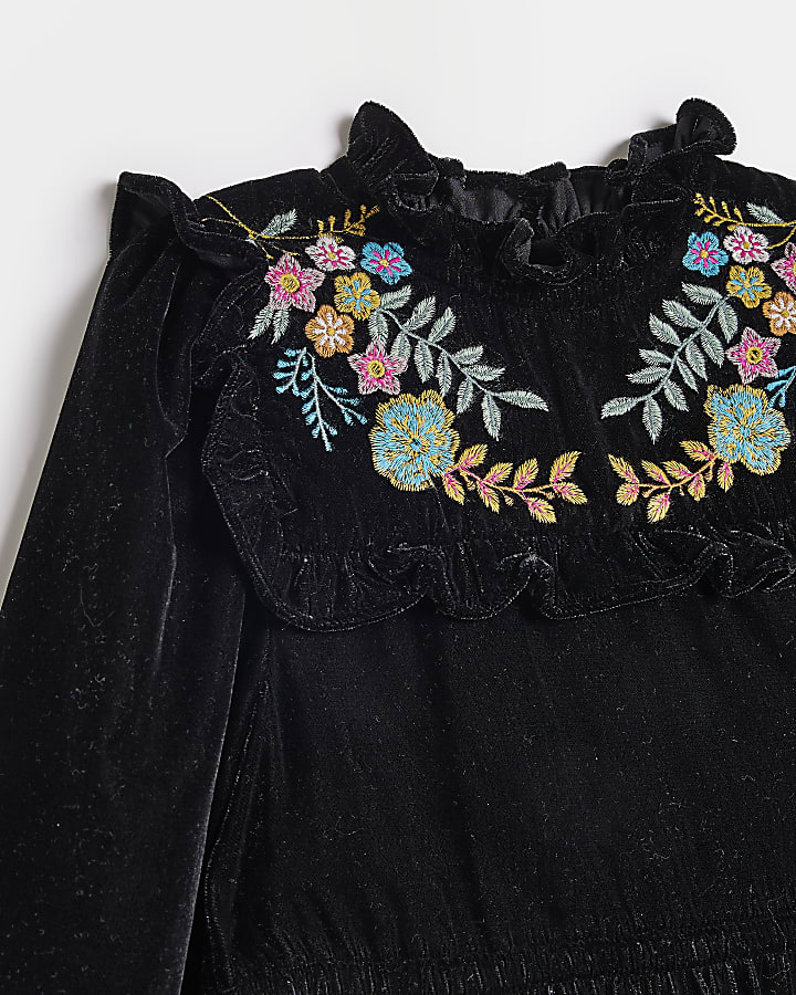 Girls Black Velvet Embroidered Smock Dress