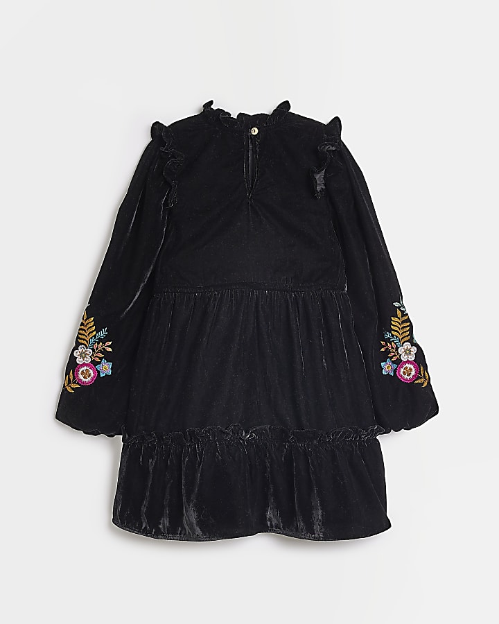 Girls Black Velvet Embroidered Smock Dress