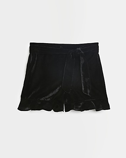 Girls Black Velvet Frill Belted Shorts