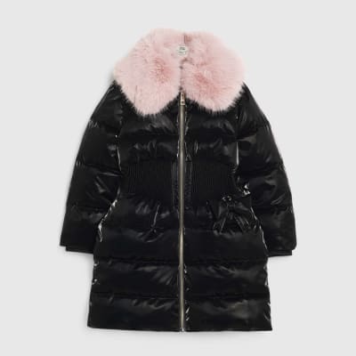 Girls Black Waisted Padded Jacket