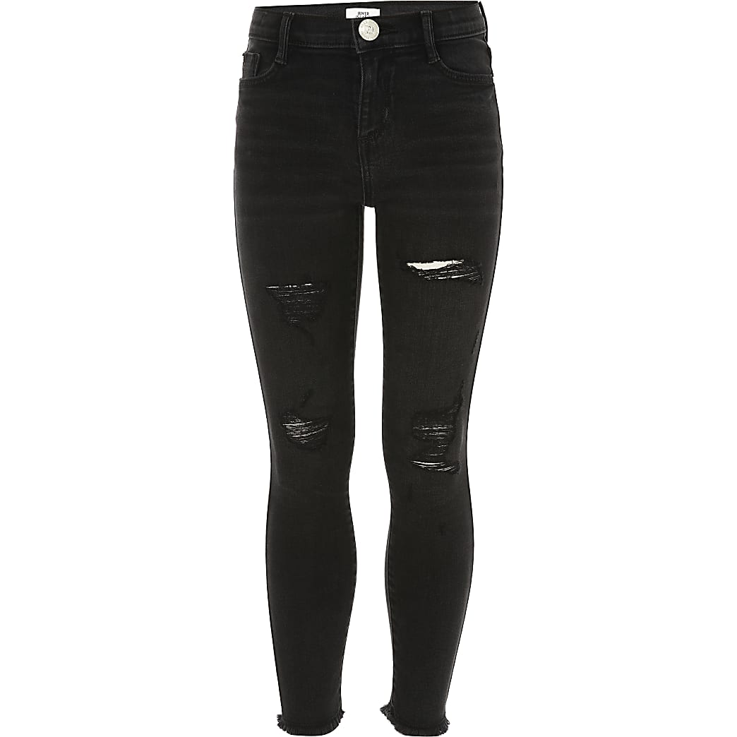 Girls black washed Amelie ripped jeans | River Island