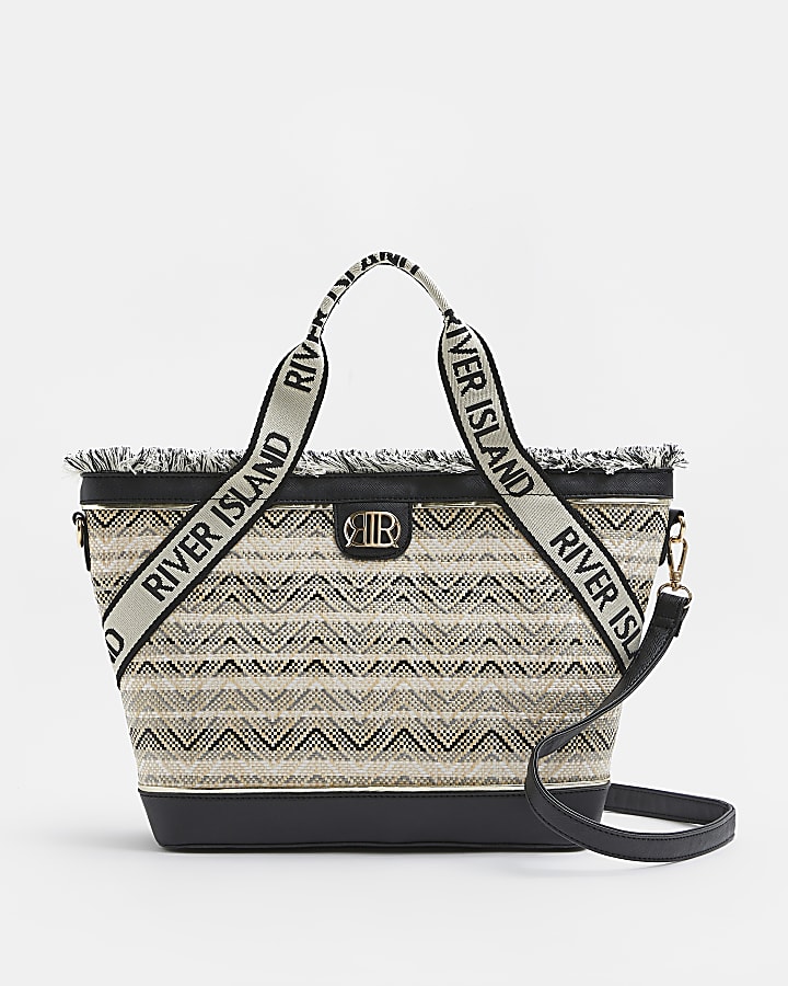 Girls black weave stripe shopper bag
