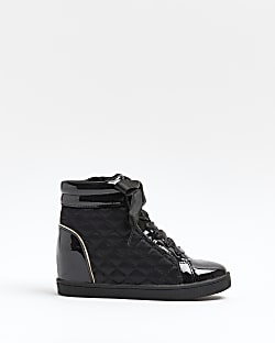 Girls Black Wedge Quilted Trainers