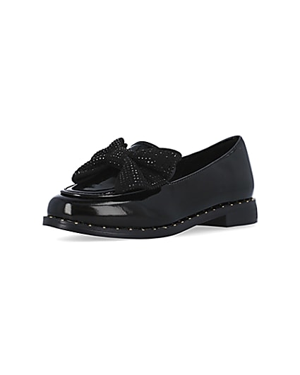 360 degree animation of product Girls Black wide fit Gem Bow patent Loafers frame-0