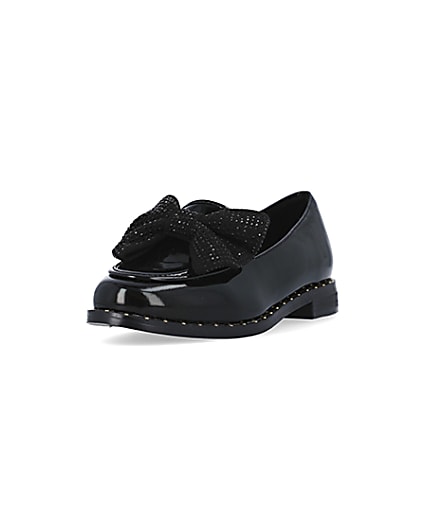 360 degree animation of product Girls Black wide fit Gem Bow patent Loafers frame-23