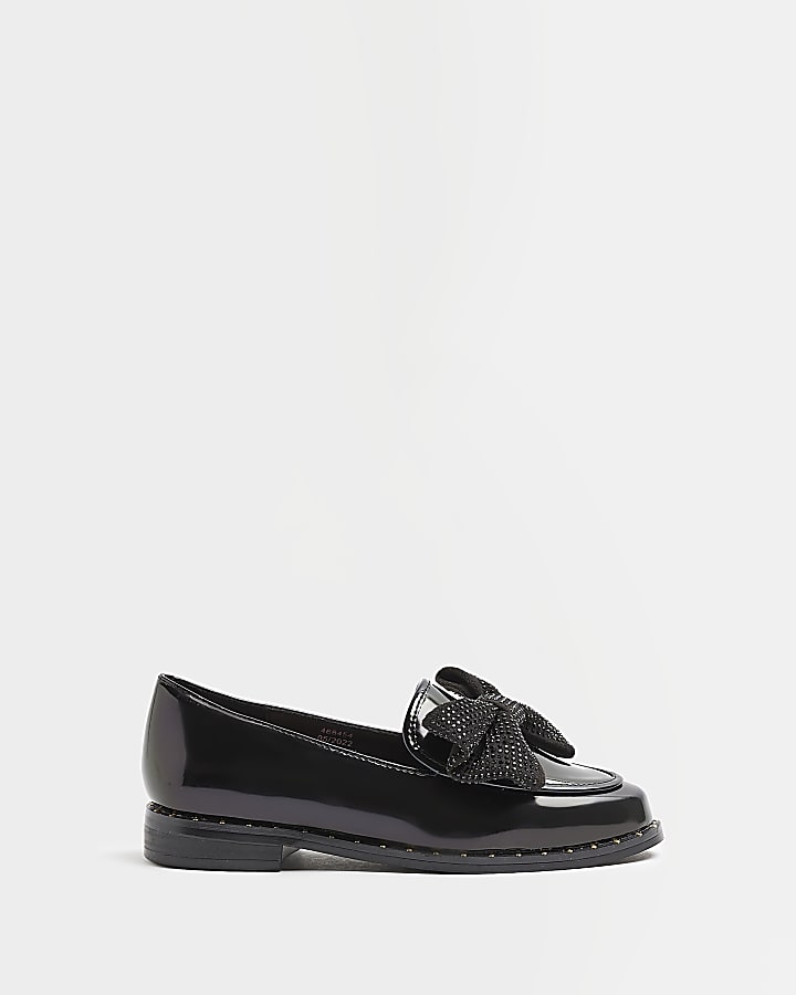 Girls Black wide fit Gem Bow patent Loafers