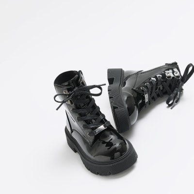 Girls Black Wide Fit Hiker Lace Up Boots River Island