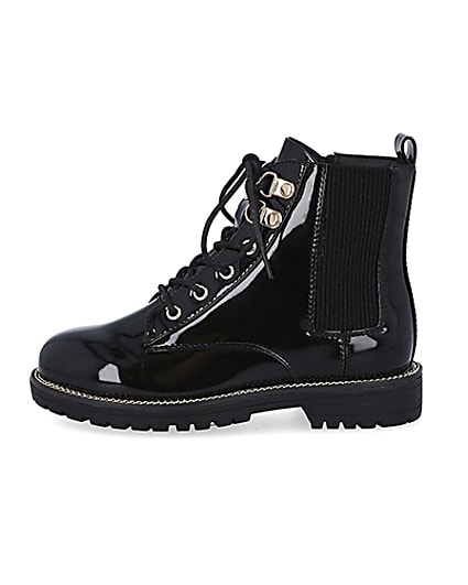 360 degree animation of product Girls black wide fit lace up boots frame-3