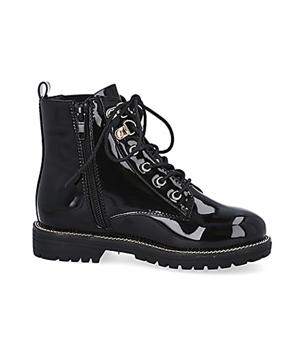 360 degree animation of product Girls black wide fit lace up boots frame-16