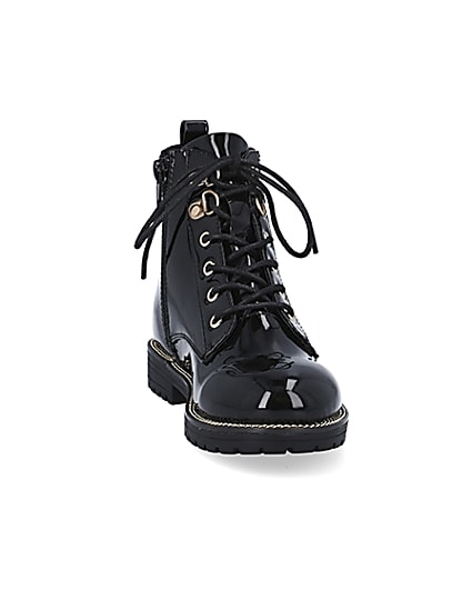 360 degree animation of product Girls black wide fit lace up boots frame-20