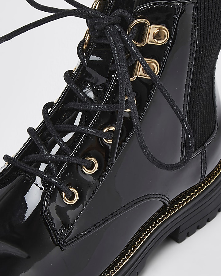 Girls black wide fit lace up boots