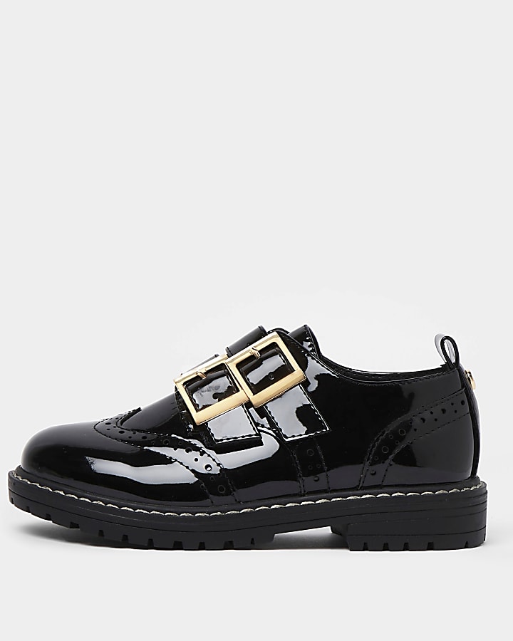 Girls black wide fit patent buckle shoes