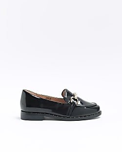 Girls black wide fit patent chain loafers