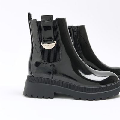 Girls black wide fit patent chelsea boots | River Island