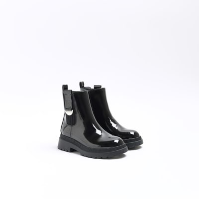 Girls black wide fit patent chelsea boots | River Island