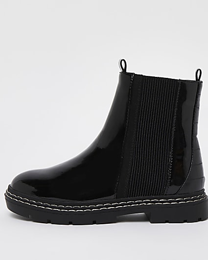 Girls black wide fit patent chelsea boots