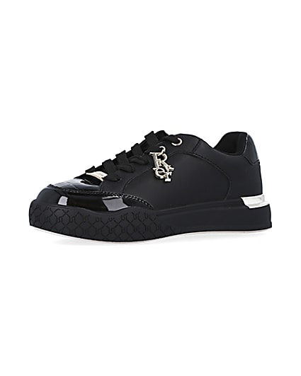 360 degree animation of product Girls Black wide fit Patent Lace Up trainers frame-1