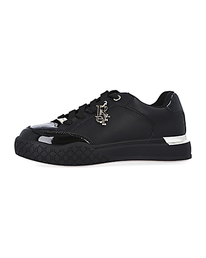 360 degree animation of product Girls Black wide fit Patent Lace Up trainers frame-2
