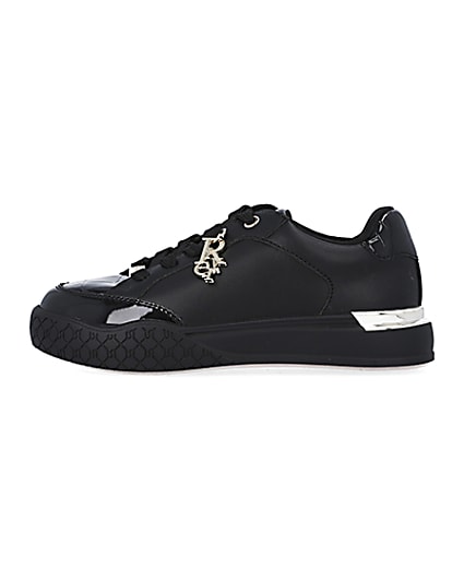 360 degree animation of product Girls Black wide fit Patent Lace Up trainers frame-3