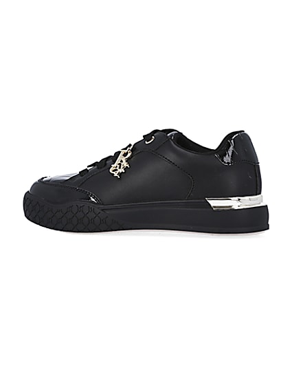 360 degree animation of product Girls Black wide fit Patent Lace Up trainers frame-4