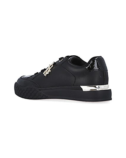 360 degree animation of product Girls Black wide fit Patent Lace Up trainers frame-5