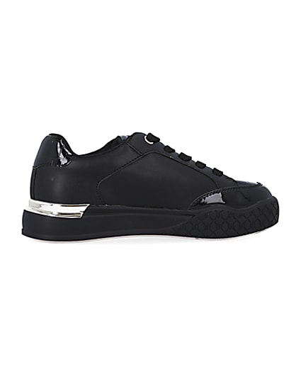 360 degree animation of product Girls Black wide fit Patent Lace Up trainers frame-14
