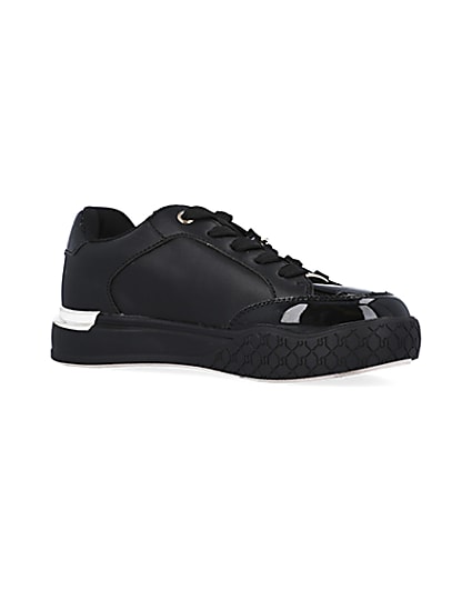 360 degree animation of product Girls Black wide fit Patent Lace Up trainers frame-17