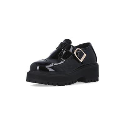 360 degree animation of product Girls black wide fit patent Mary Jane brogues frame-0