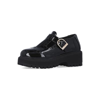 360 degree animation of product Girls black wide fit patent Mary Jane brogues frame-1
