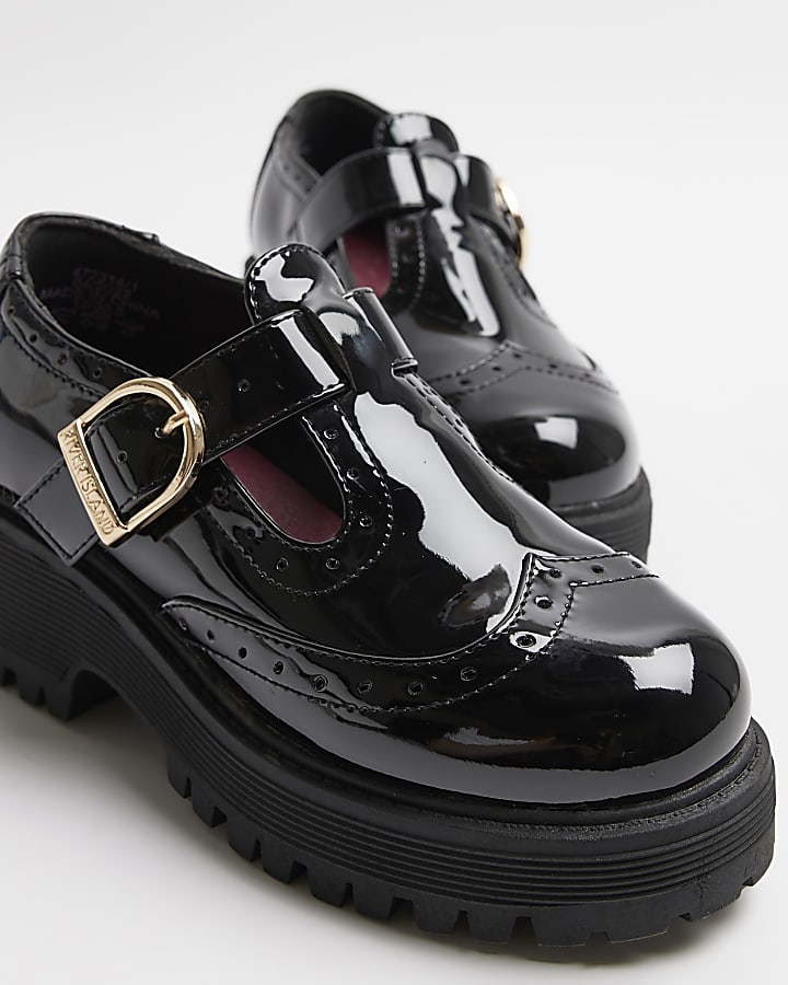 Girls black wide fit patent Mary Jane brogues