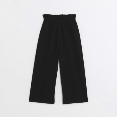 Girls black wide leg seam detail joggers
