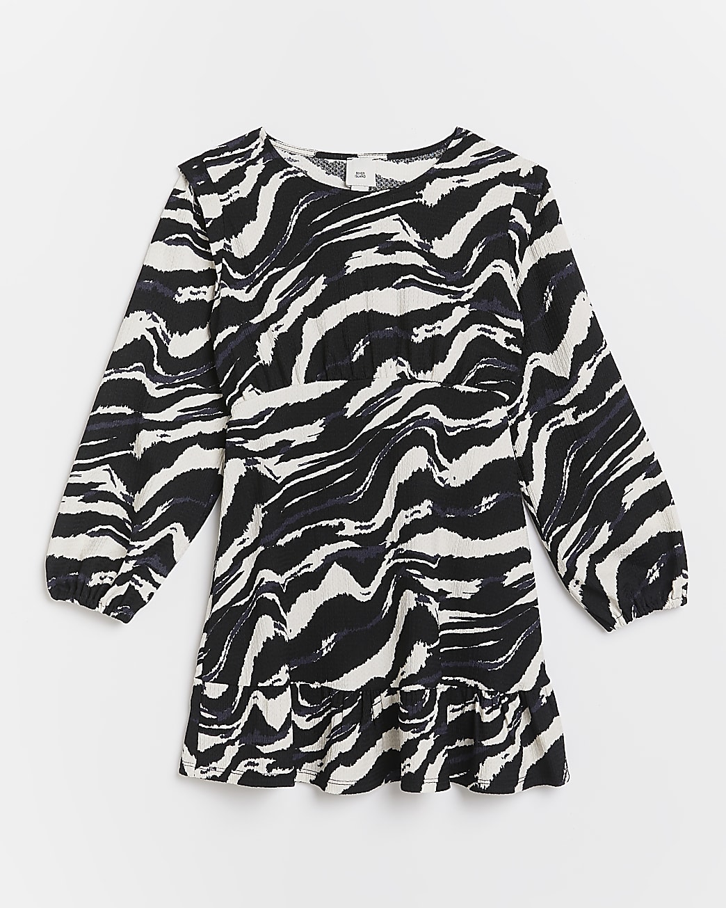 Girls black zebra print frill hem dress