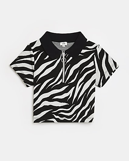Girls black zebra print polo top