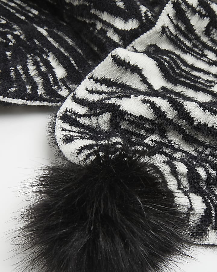 Girls black zebra print pom pom scarf