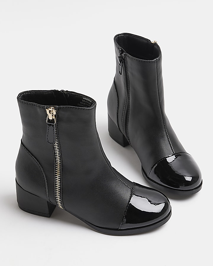 Girls Black Zip Detail Heel Boots