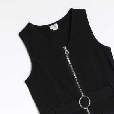 Girls black zip up utility pinafore dress River Island