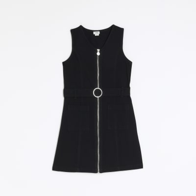 Girls black zip up utility pinafore dress River Island