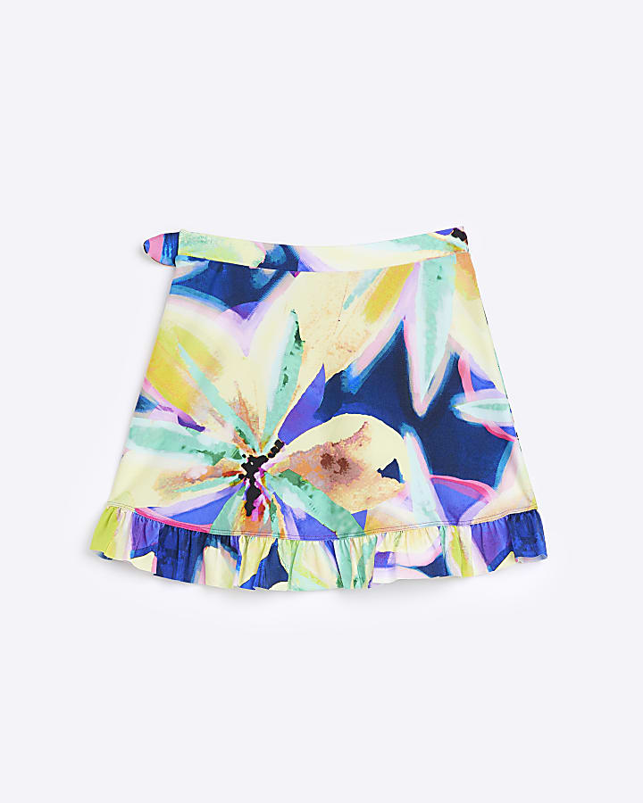 Girls Blue Abstract Floral Swim Skirt